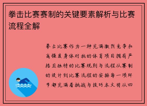 拳击比赛赛制的关键要素解析与比赛流程全解
